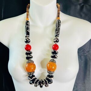 Huge Antique Copal Amber Coral Black Resin African Kings Trade Beads Necklace